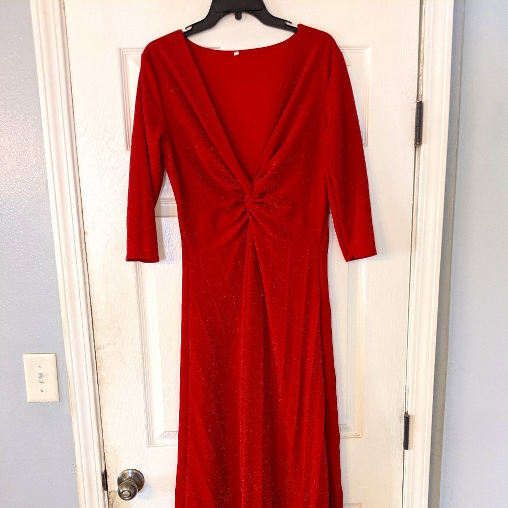 Red sparkly twist neckline long 3/4 sleeve dress